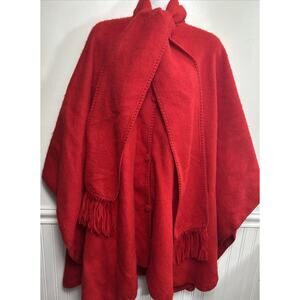 VINTAGE RED PERUVIAN LINK ALPACA PONCHO CAPE COAT FRONT TIE SCARF MADE IN PERU
